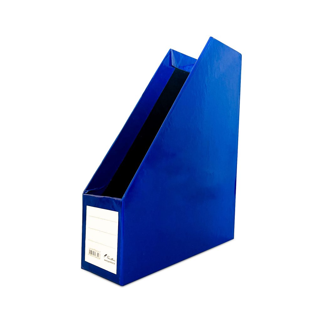 Dark blue 3-inch magazine holder and vertical file organizer for professional office desk storage.