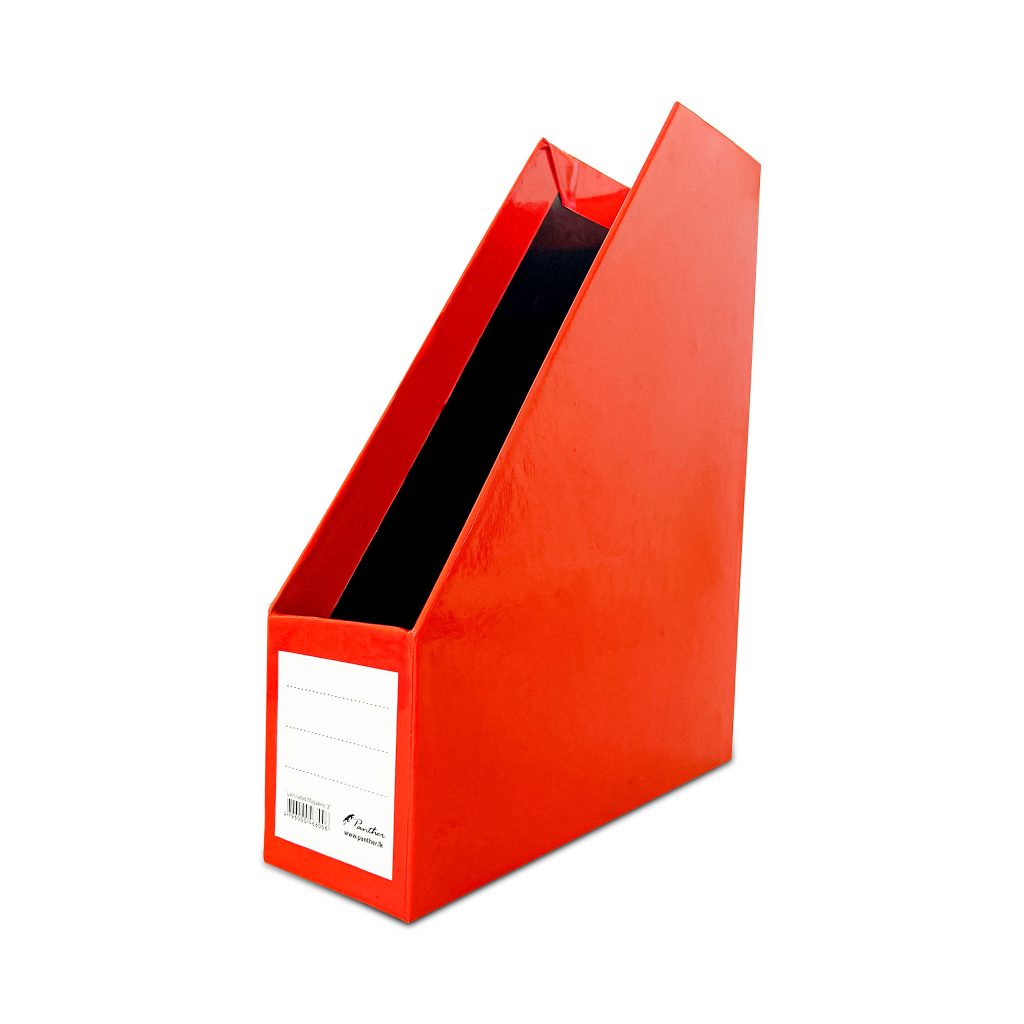 Red 3-inch magazine holder and vertical file organizer for desk and shelf storage.
