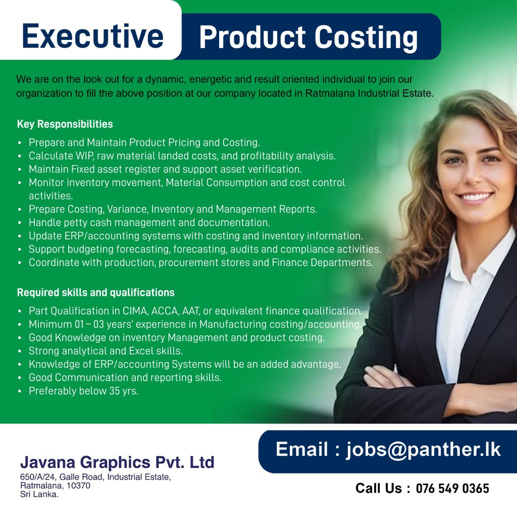 A professional green-themed job advertisement poster for an "Executive - Product Costing" at Javana Graphics Pvt Ltd. The flyer features a smiling business woman with crossed arms on the right side, lists of key responsibilities and required qualifications, and contact details with a dark blue application button at the bottom.